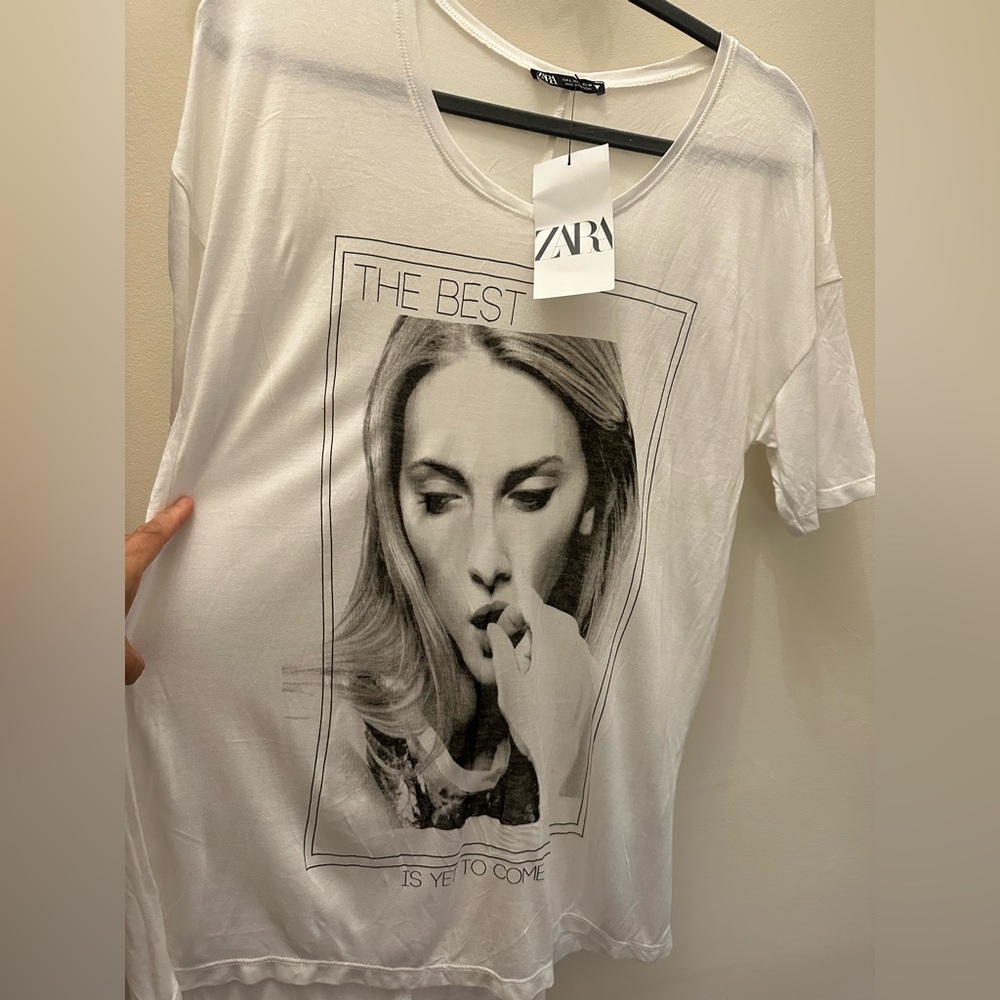 NWT Zara White Graphic Short Sleeve L - Picture 2 of 5